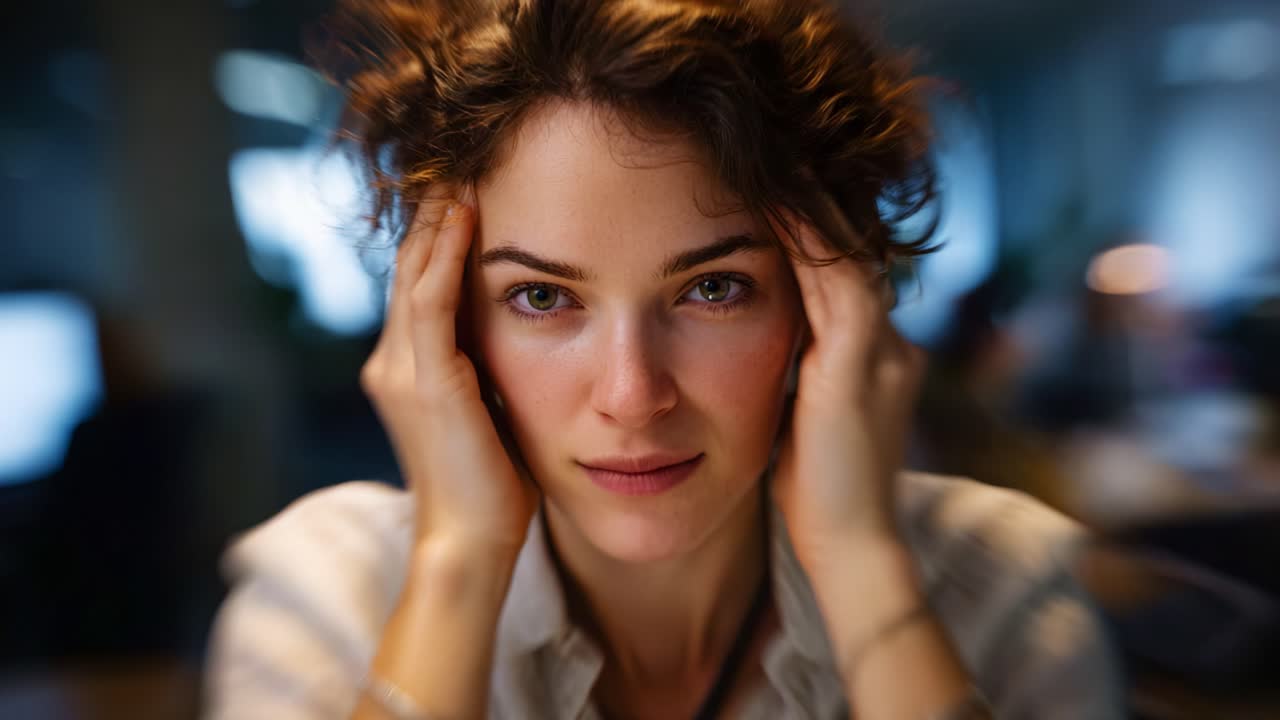 Una giovane donna contemplativa con i capelli ricci che esprime profondo pensiero e introspezione in uno spazio di lavoro moderno, ritraendo un momento di concentrazione tra le distrazioni