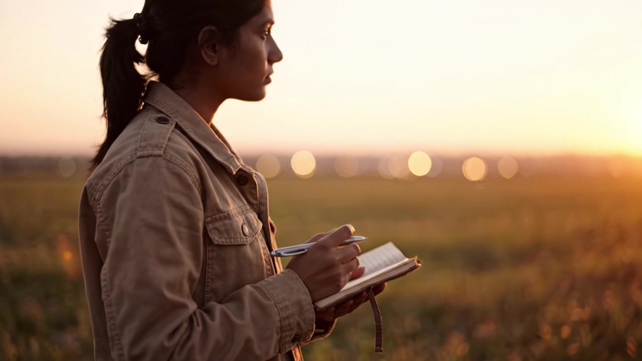 Una donna riflette al tramonto mentre scrive nel suo diario, catturando pensieri e sentimenti in mezzo al paesaggio sereno e alla calda luce crepuscolare.