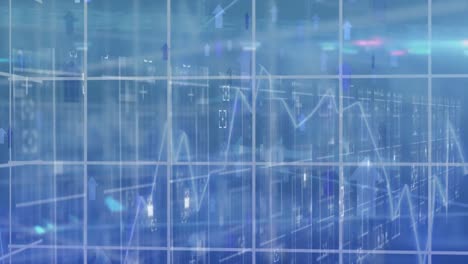 animation of arrows and financial data processing over blue background