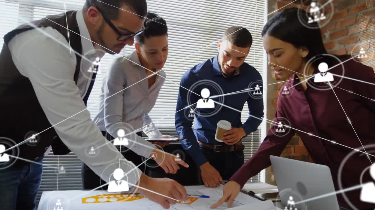 Animation of network of connections over diverse business people in office