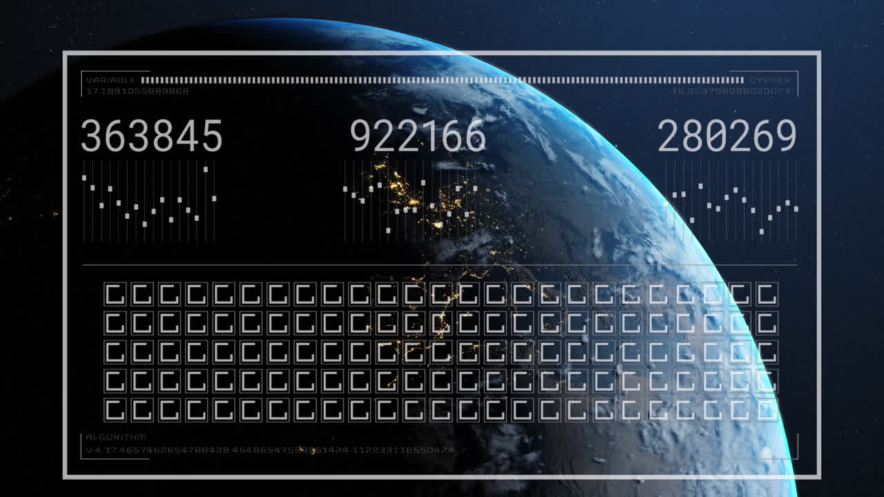 Animation of changing numbers, graphs, loading bar and squares over globe in background