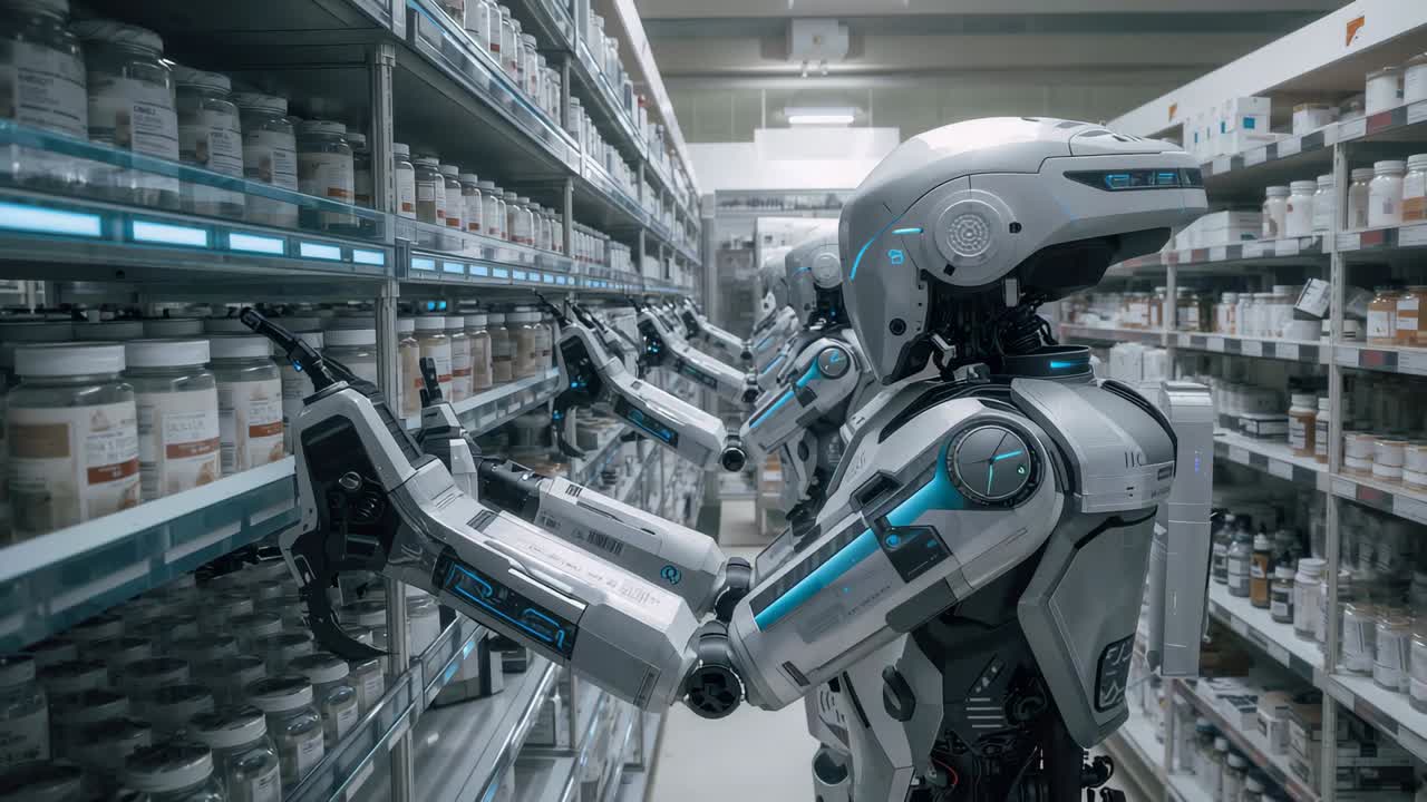 Mottar kommando, nærmeste humanoide robot griper krukker i lagergangen for bestillinger, kopieringsområde
