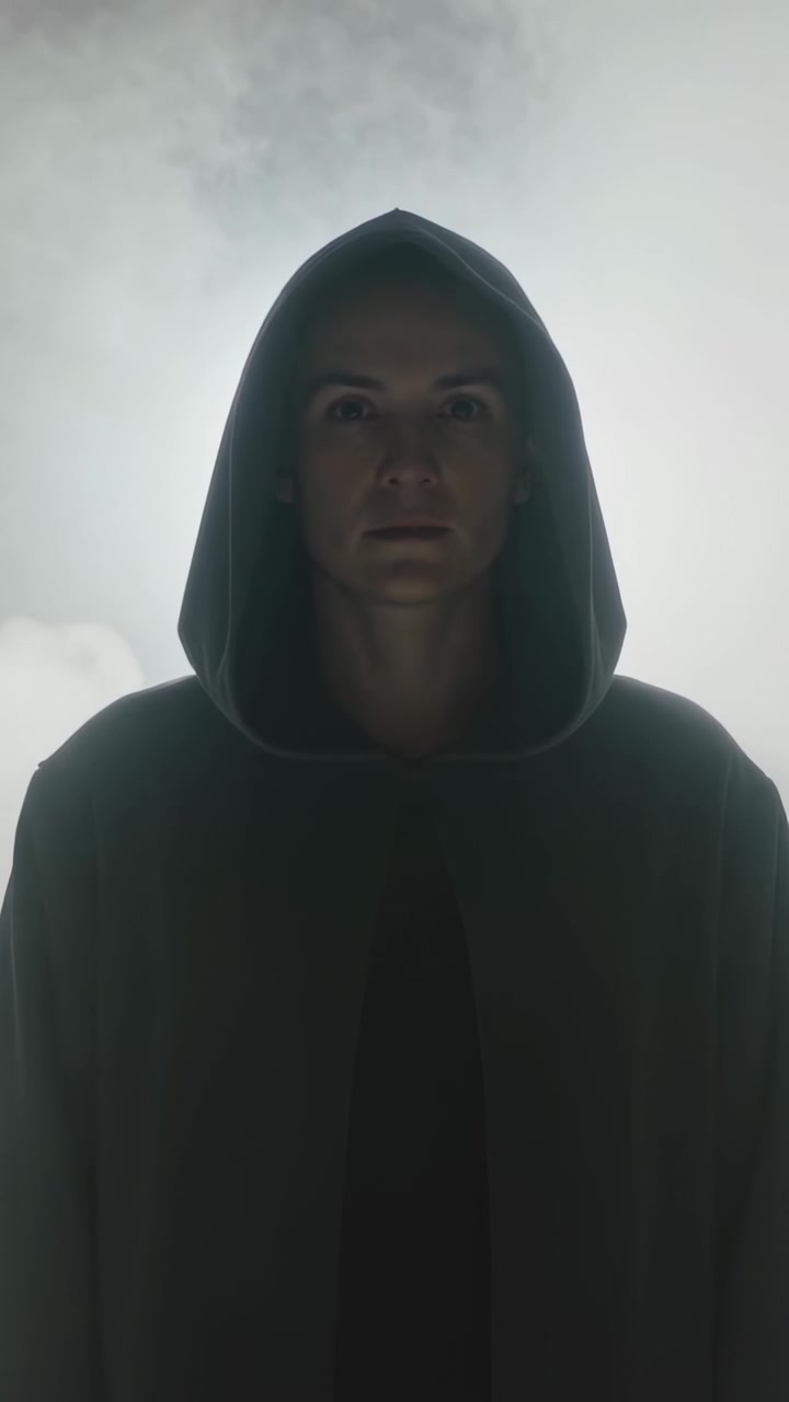 Video verticale: Registrazione che inizia, figura incappucciata che sposta lo sguardo in studio con un mantello, nebbia ad alone.