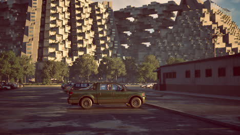 paisaje urbano futurista con camión en el estacionamiento