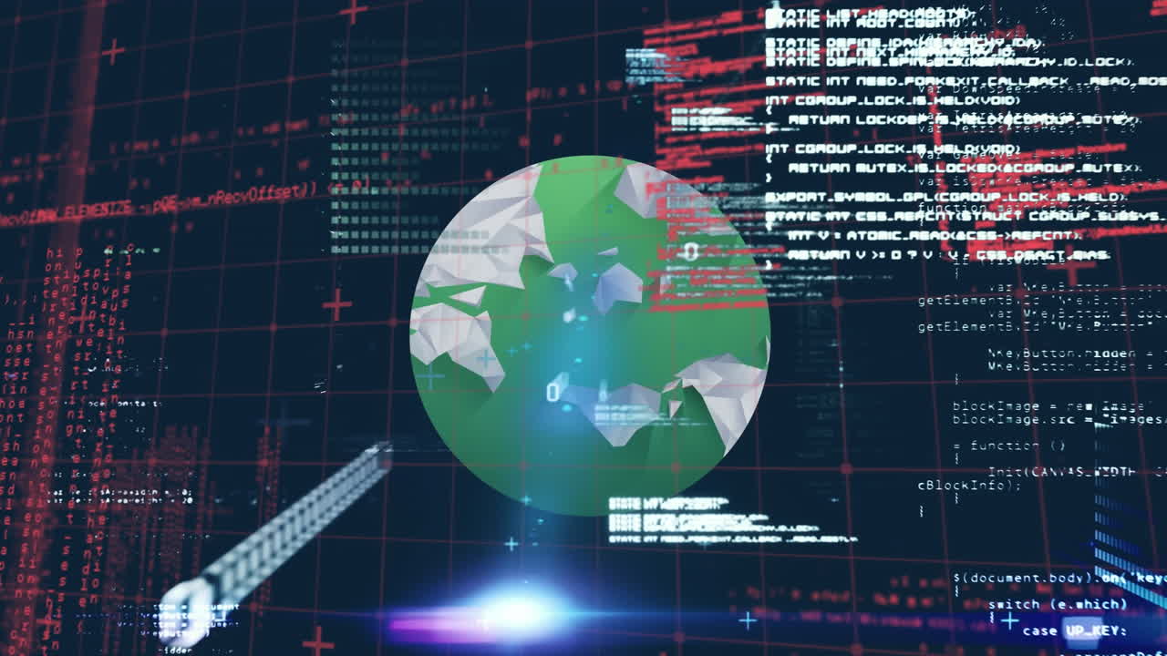 Digital animation of data processing over grid network against globe on blue background