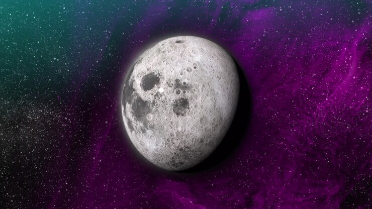 Animação de planeta cinzento em espaço verde, roxo e preto