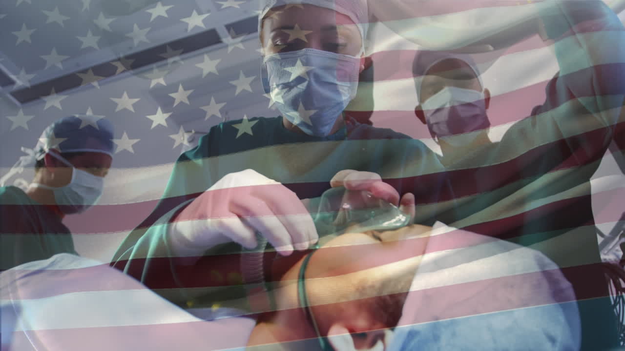 수술실 에서 외과 의사 들 위 에 흔들리는 미국 국기 의 애니메이션