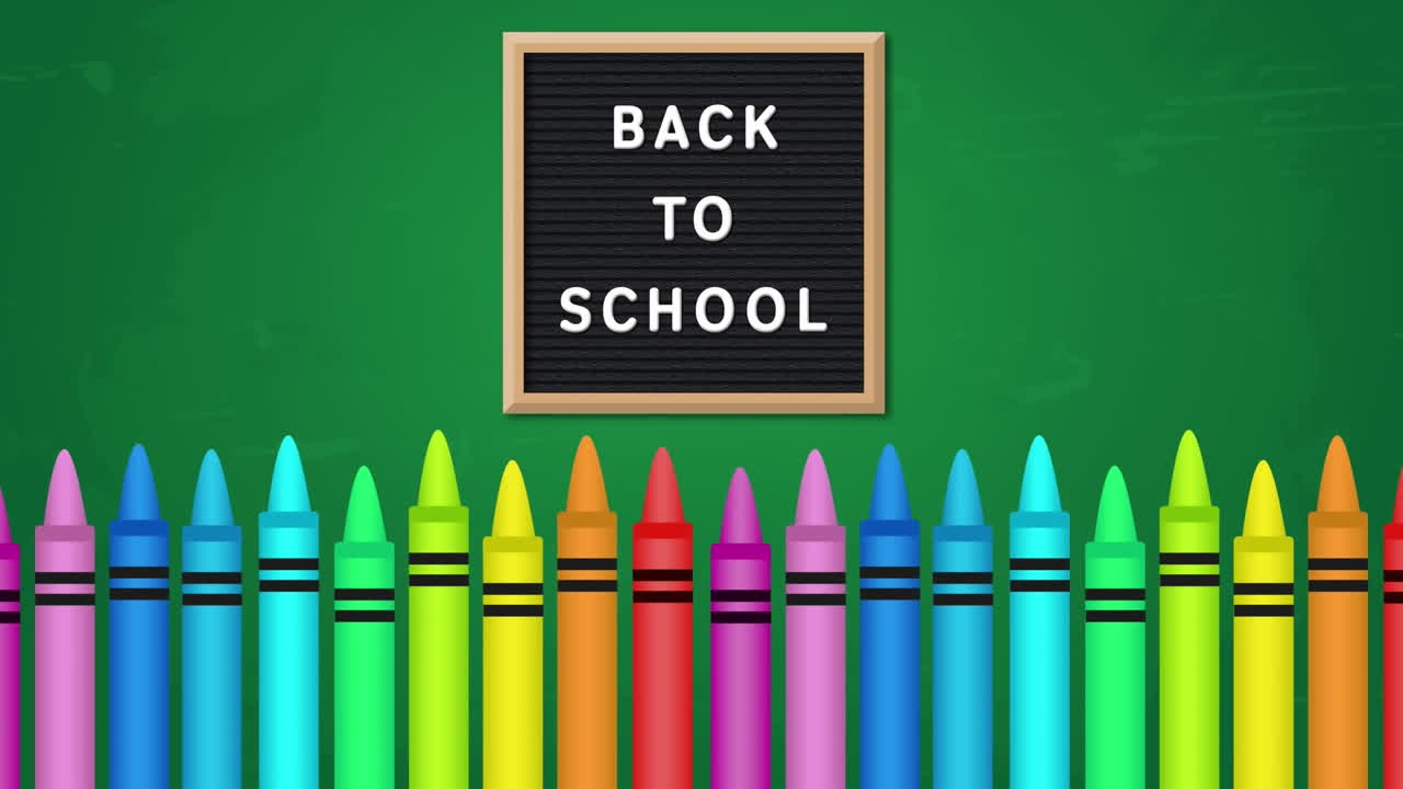 Animation of back to school text on chalkboard over colored crayons against green background