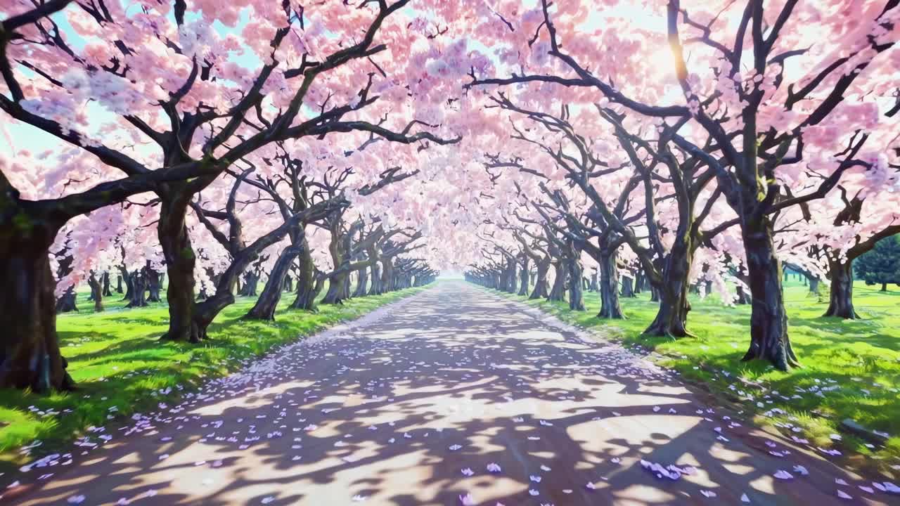 A serene, tunnel-like view of cherry blossoms from a low-angle, creating a dreamy, cinematic video