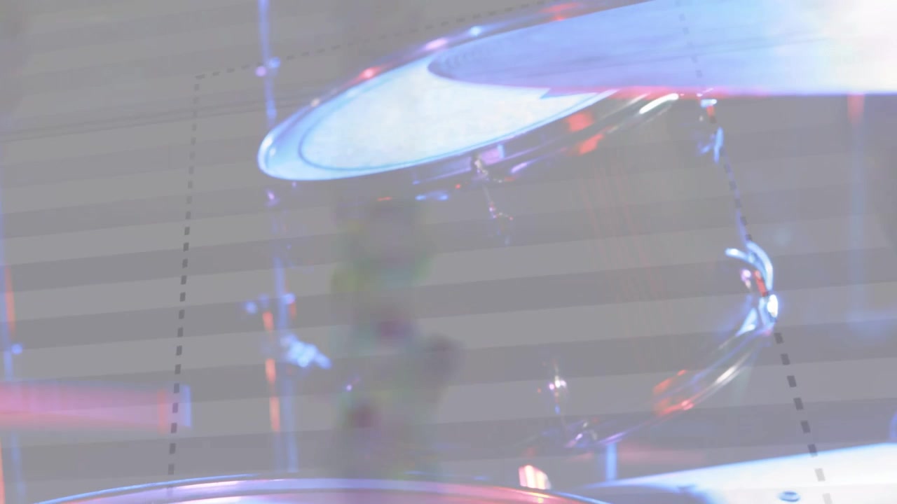 Snare anchoring camera panning up tom cymbal entering overlay drifting lights bathing kit for music