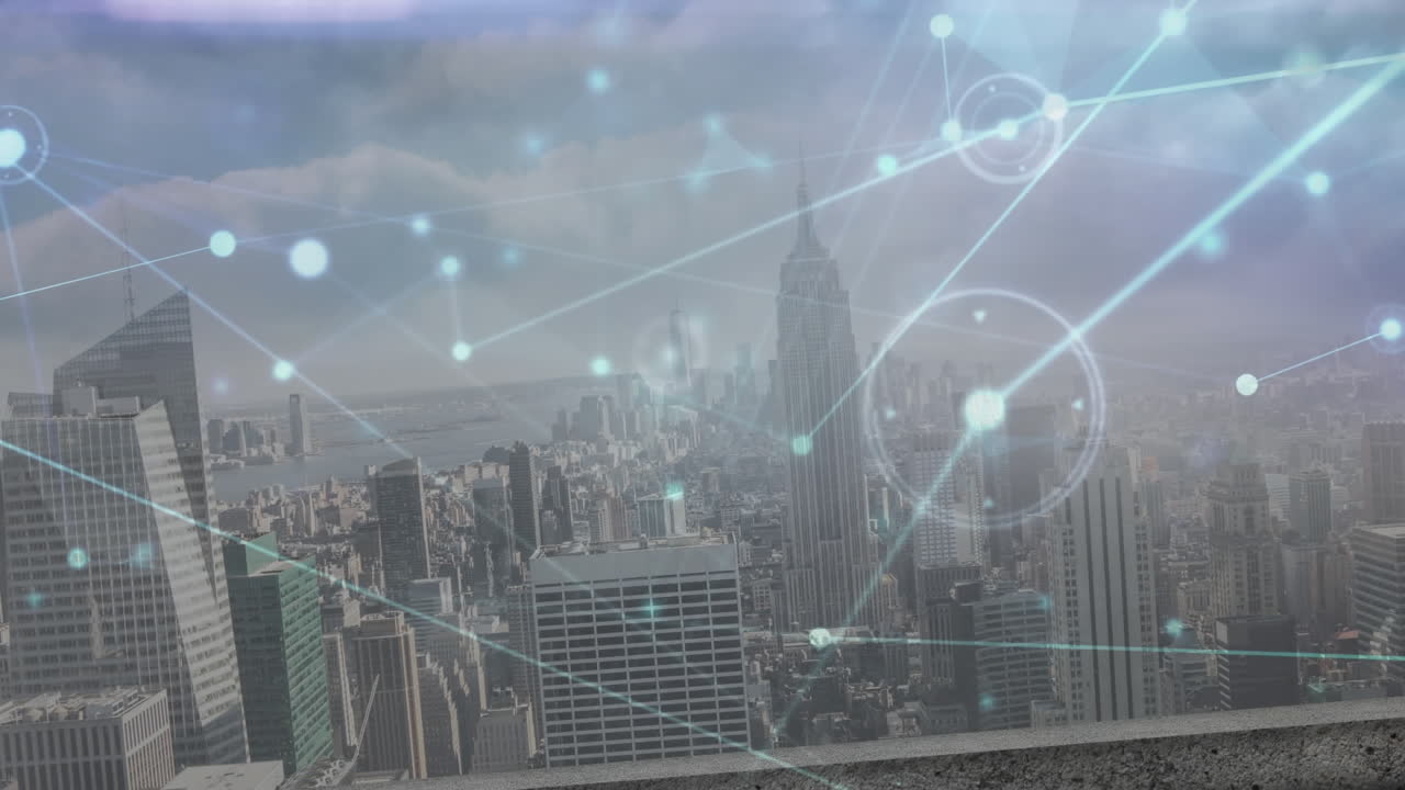 Animazione di una rete di connessioni su una vista aerea del paesaggio urbano
