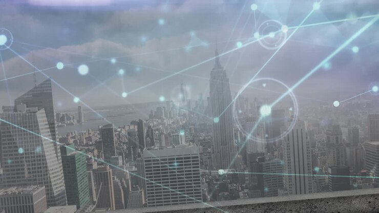 Animazione di una rete di connessioni su una vista aerea del paesaggio urbano