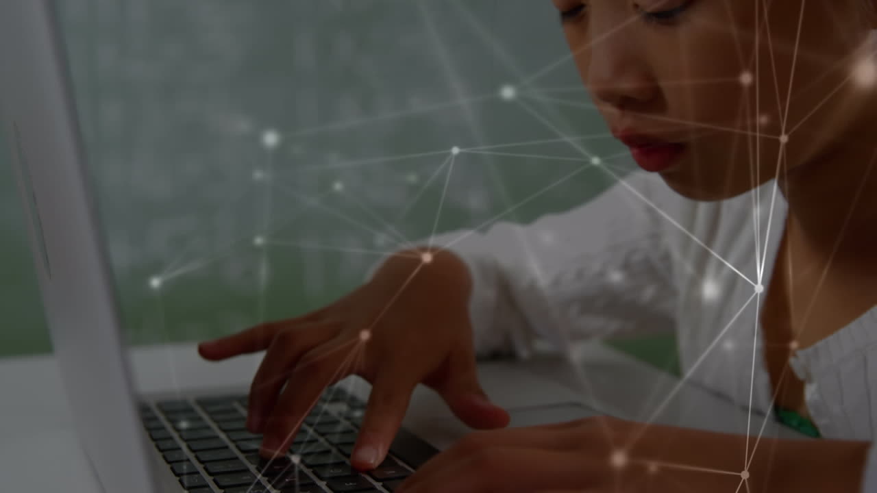 Animation of network of connections over schoolgirl using laptop computer