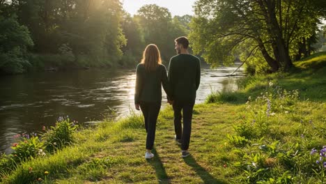 couple walking hand-in-hand by a river at sunset