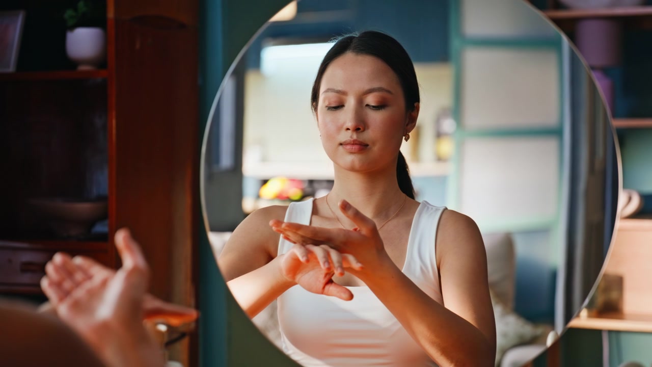 Donna asiatica che applica lozione corpo su mani e braccia davanti allo specchio. Routine di cura della pelle a casa.