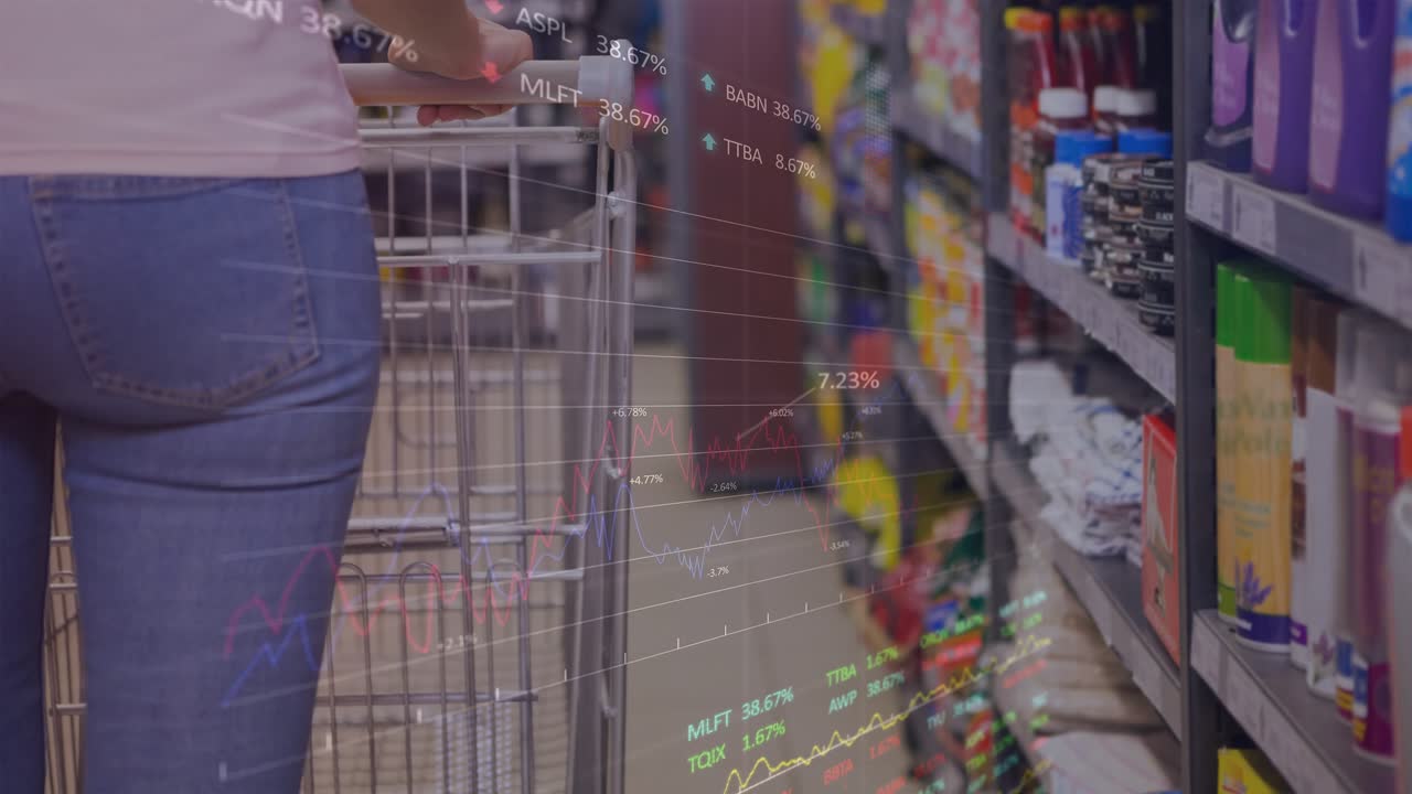 Translucent data overlay appearing while woman pushing cart down aisle, showing product analytics