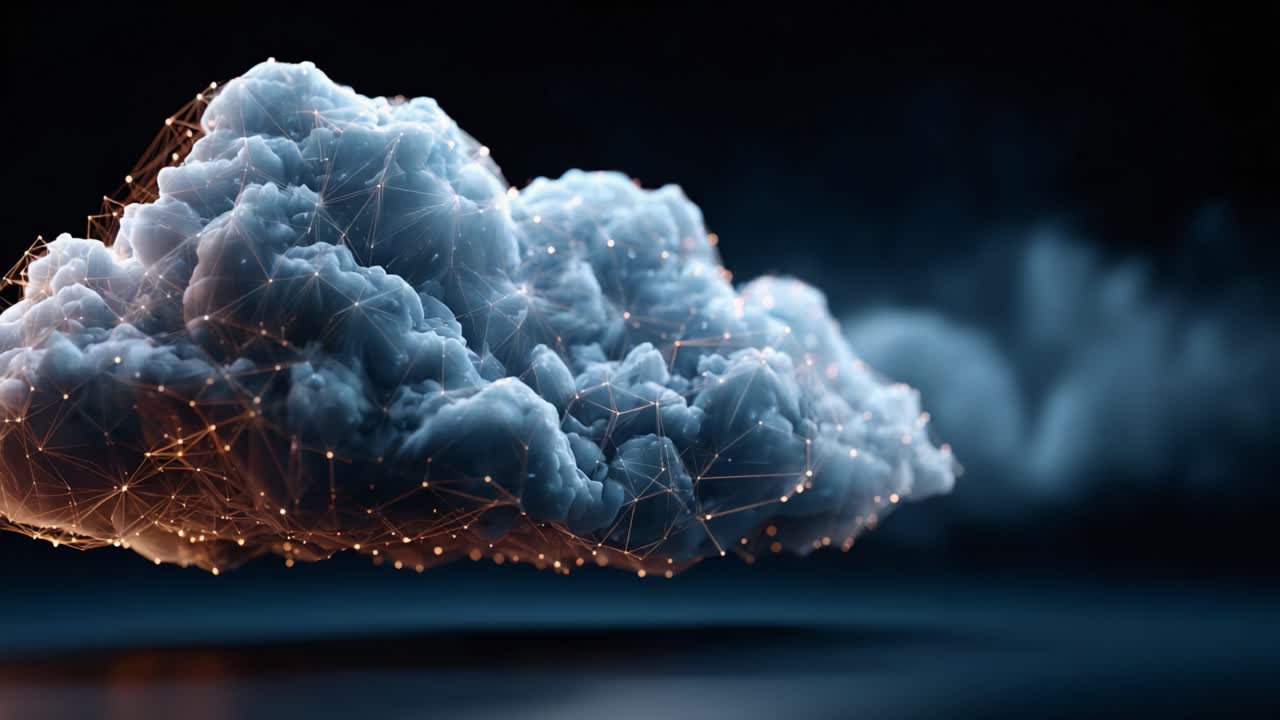 A Beautiful Visual Representation of a Cloud Constructed from Interconnected Lines and Particles, Emphasizing Its Ethereal Quality and Modern Digital Aesthetics
