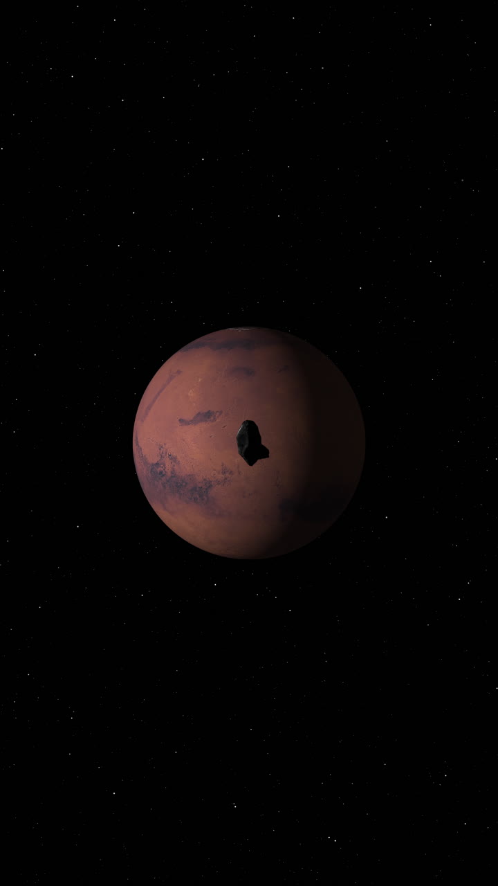 Vertical Video of Space Asteroid Passing by Camera Heading Towards Red Planet Mars with Stars Background. 3D Science Animation.