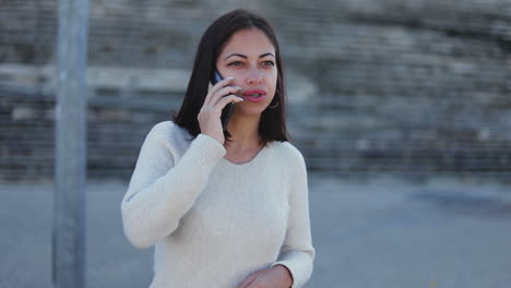 Morena-Sonriente-Hablando-Por-Teléfono-Inteligente-Al-Aire-Libre