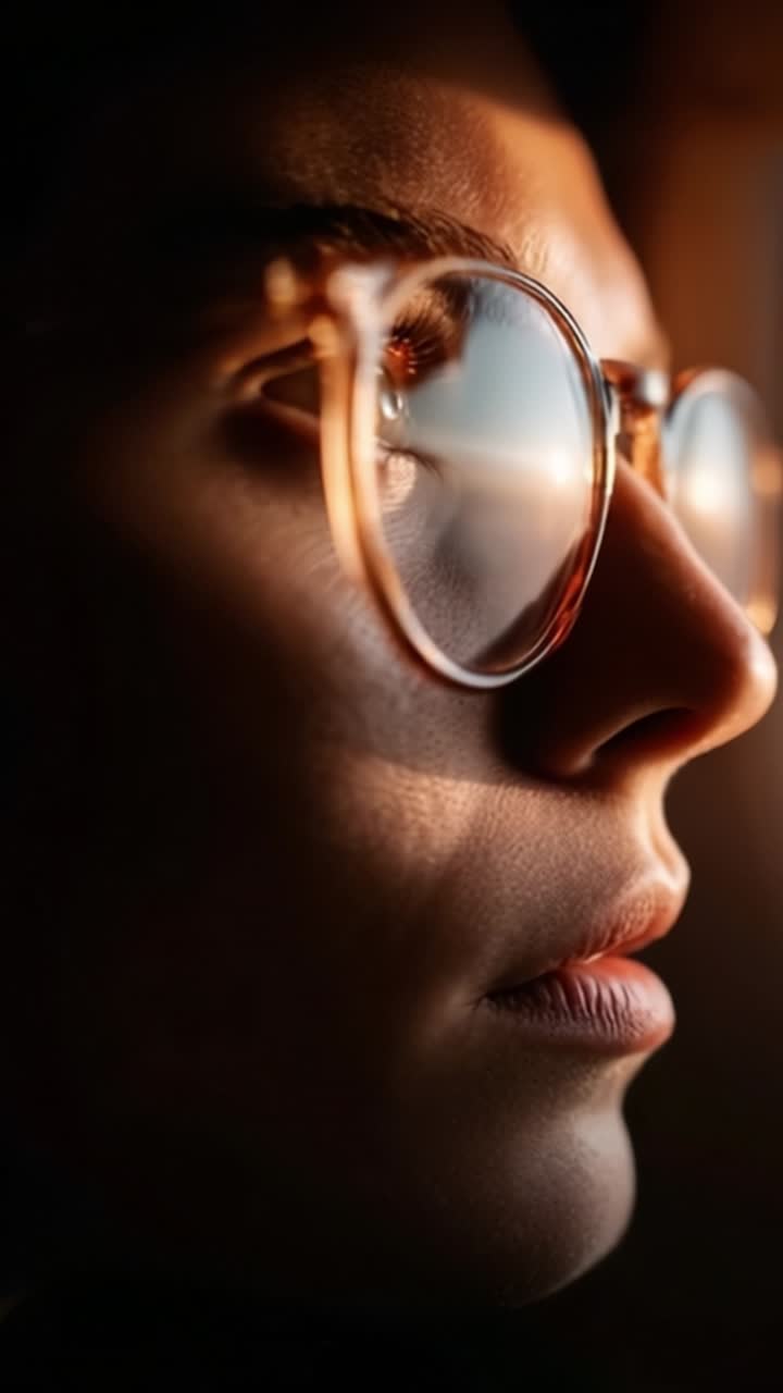 Close-Up Portrait of a Pensive Individual with Stylish Glasses Gazing into the Distance, Capturing a Serene Moment Bathed in Soft Natural Light