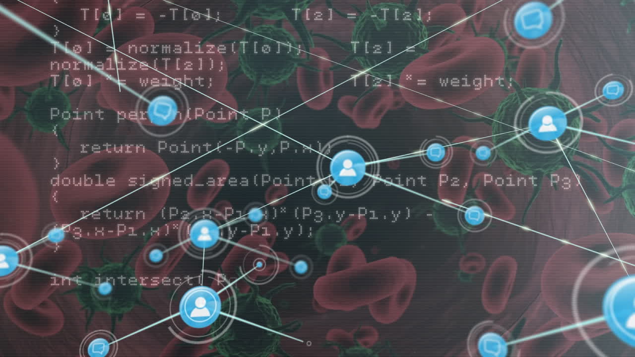 red de iconos de perfil y procesamiento de datos contra células de covid-19 y vasos sanguíneos flotantes