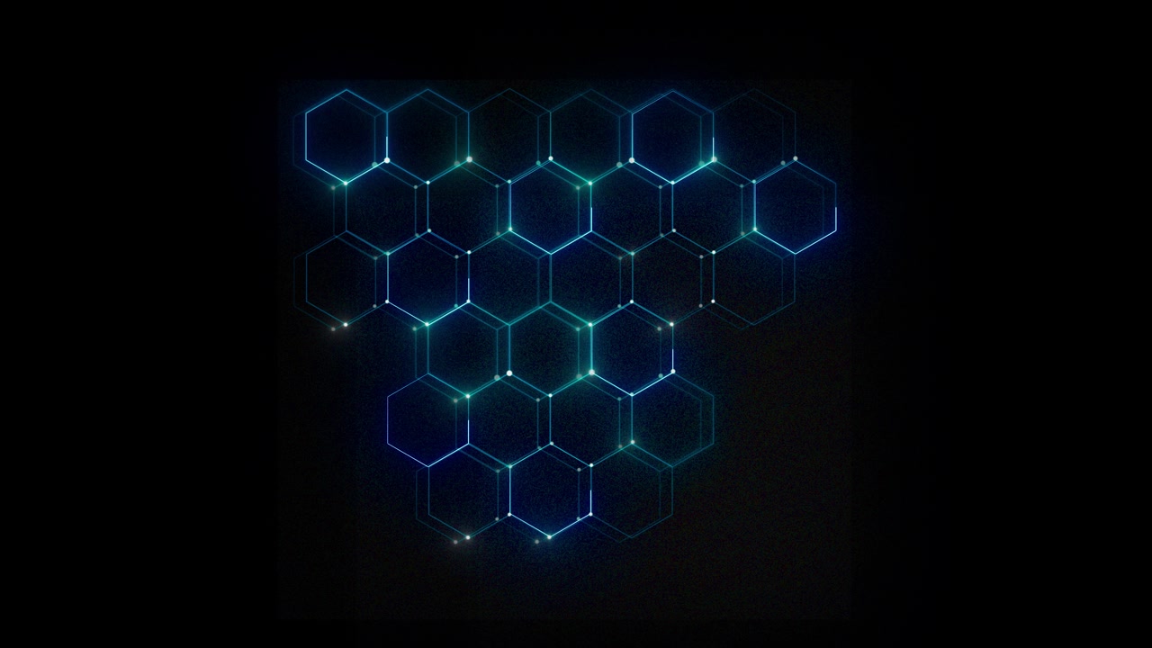 Teal molecular hexagon network loop with glowing nodes connected polygon cells and dark futuristic