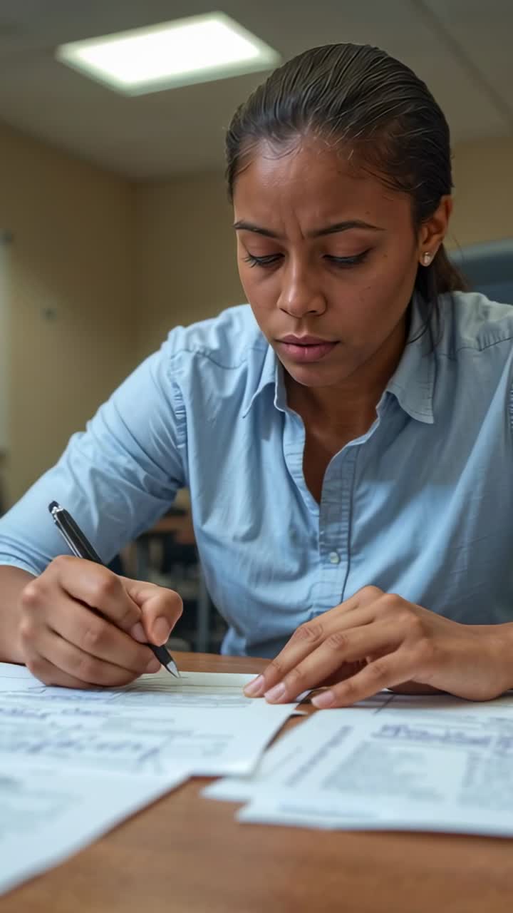 Vertical video: Leaning forward woman filling forms at desk for records in blue shirt holding pen