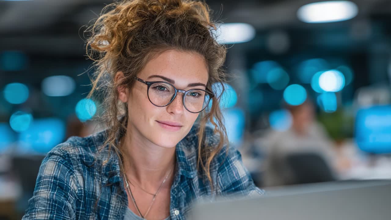 Focused Young Woman Working on Laptop in Modern Office Environment, Engaged in Creative Tasks with Soft Lighting and Blurred Background of Colleagues