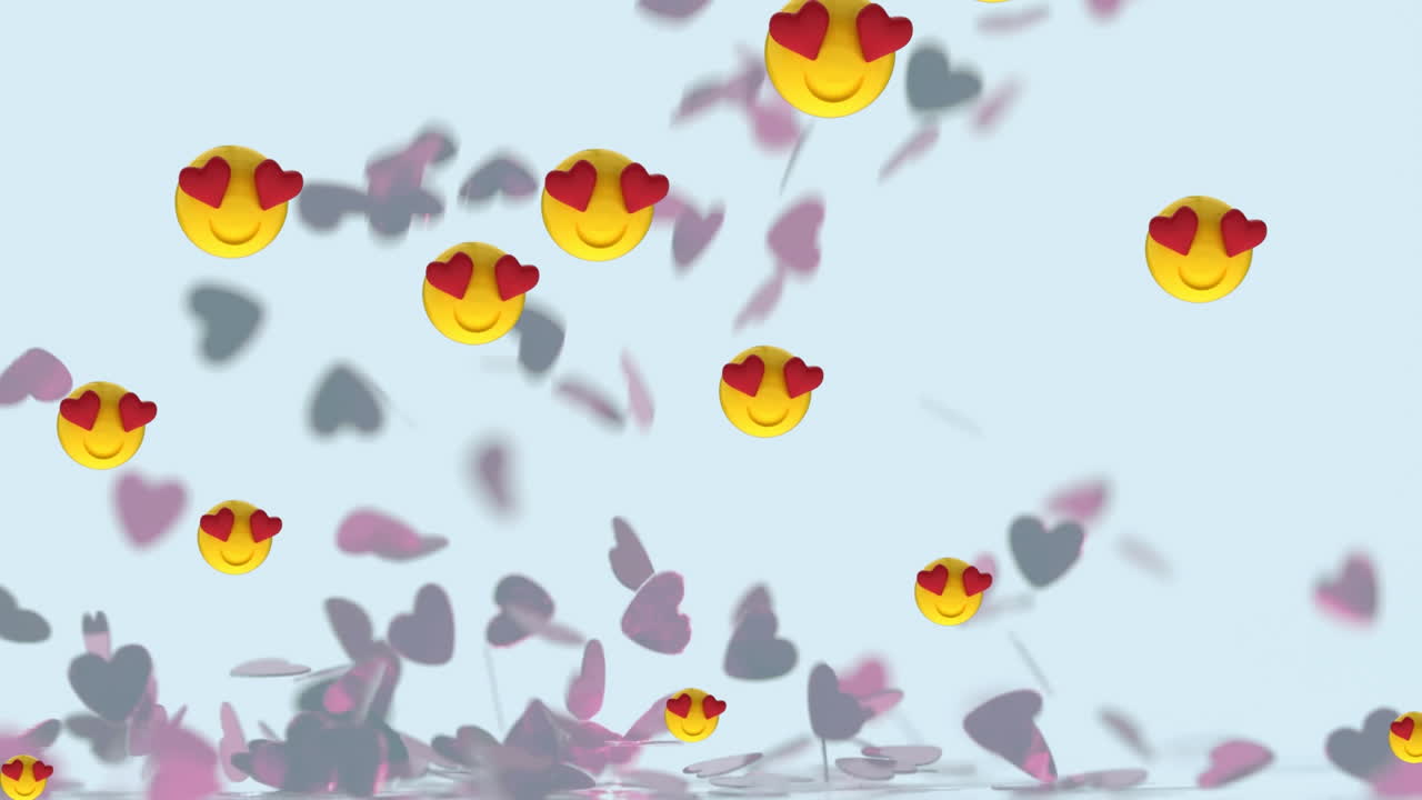 여러 개의 심장 눈 얼굴 이모티콘이  ⁇  배경에 떨어지는 여러 개의 심장을 떠다니고 있습니다.