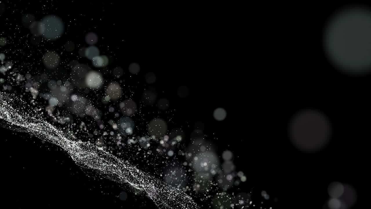 Black digital abstract background with wave white particles, glow sparkles and space with depth of field. Particles form lines, surface and grid.