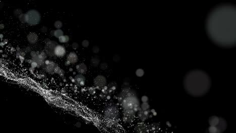 black digital abstract background with wave white particles, glow sparkles and space with depth of field. particles form lines, surface and grid.