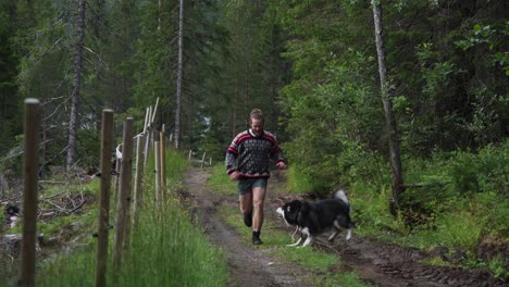 active man running on forest trail with playful alaskan malamute dog