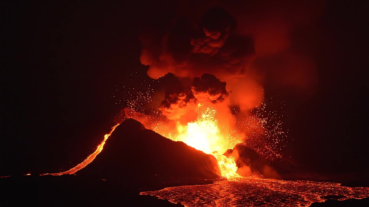 Eruzione vulcanica con lava incandescente e pennacchio di fumo di notte