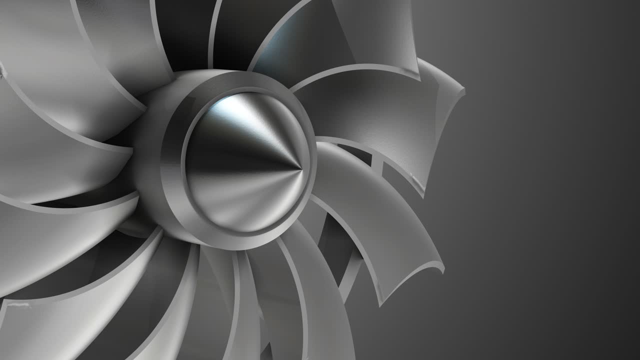 representación en 3d del motor a reacción, vistas de cerca de las cuchillas del motor a reacción. imagen de primer plano del ventilador delantero del motor a réaction giratorio. animación en 3d con bucle.