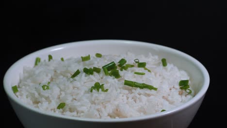 Steamed white rice bowl dish garnish green spring onion seasoning Asian food up-close