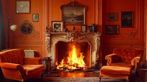 a living room with two orange chairs and a fireplace