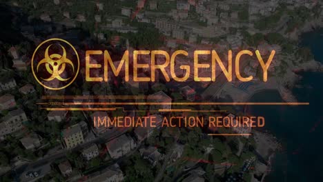 Animation-of-biohazard-symbol-and-emergency-text-over-cityscape