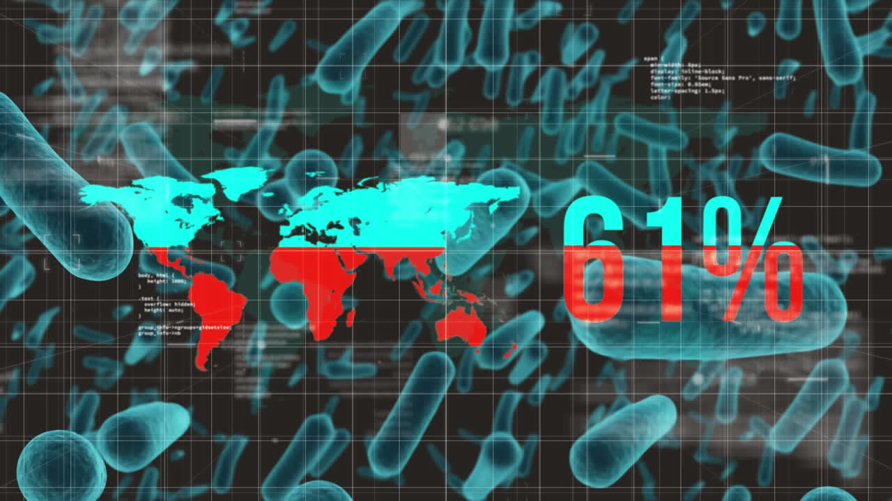 코로나 19 세포의 애니메이션과 세계 지도에서 변화하는 숫자