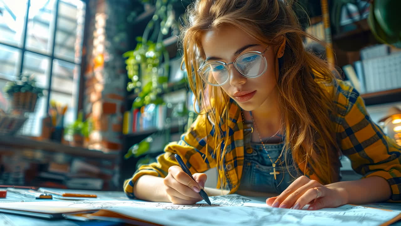 Woman sketching in studio. A young woman with glasses is focused on sketching in a bright studio filled with plants and books around her
