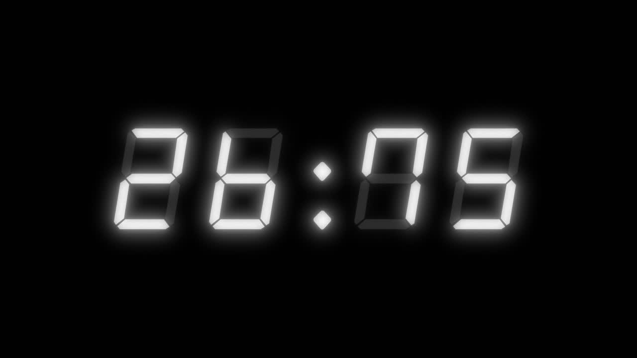 4 digits 30 seconds digital clock countdown timer. White digits on black color background. Retro digital alarm clock