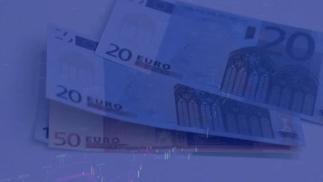 animation of financial data processing over euro bills on white background