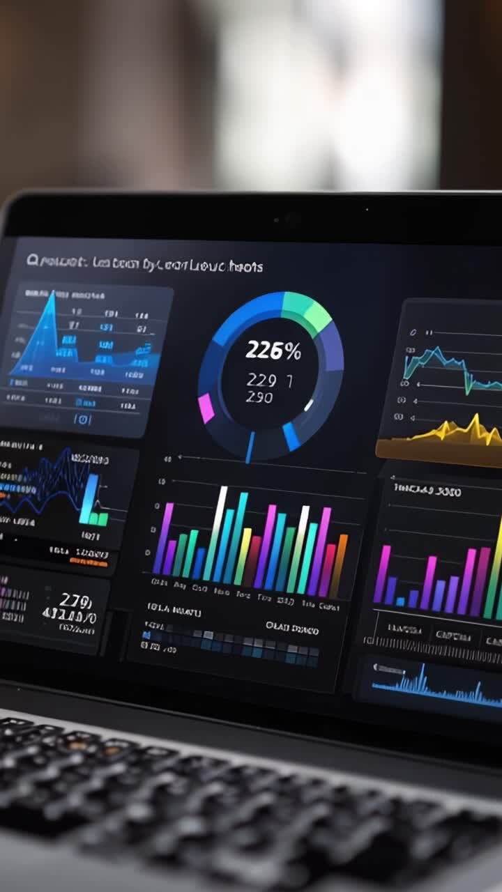 Dynamic Data Visualization on Laptop Screen Featuring Colorful Graphs and Statistical Displays with Interactive Data Analysis Elements