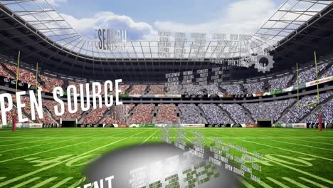 animation of text and data processing over stadium