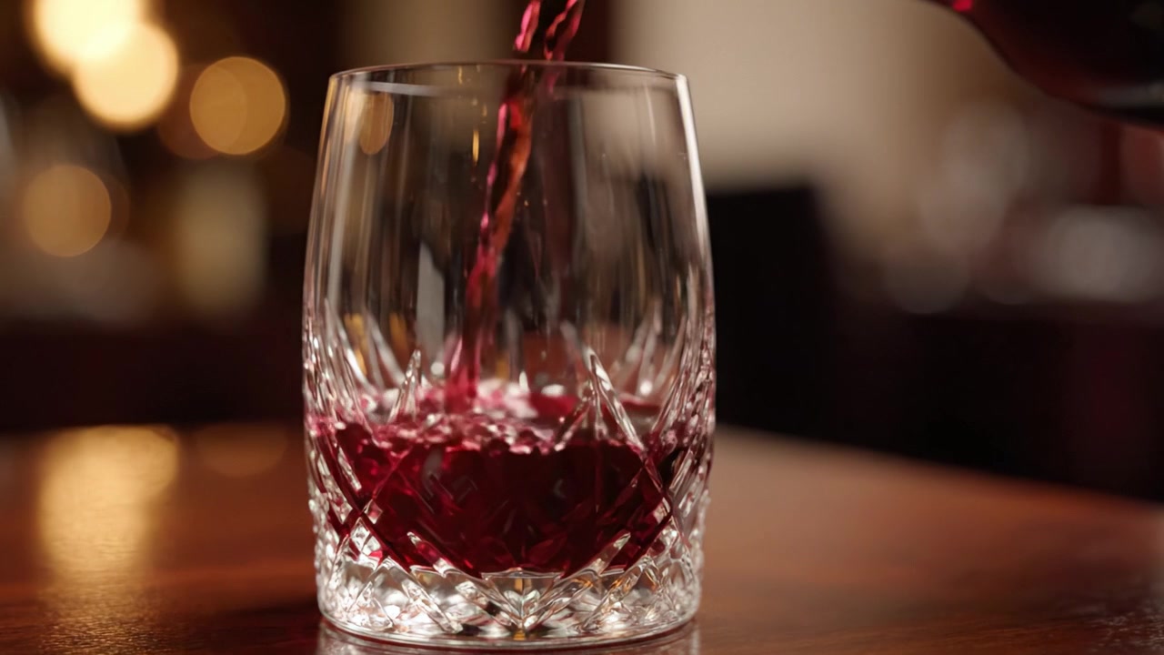 Un versamento sofisticato: Affascinante bicchiere di cristallo riempito con ricco vino rosso, perfettamente posizionato su uno sfondo caldo e suggestivo.