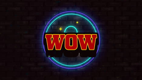 animación de banner de texto wow sobre el icono de perfil de neón contra la pared de ladrillo gris