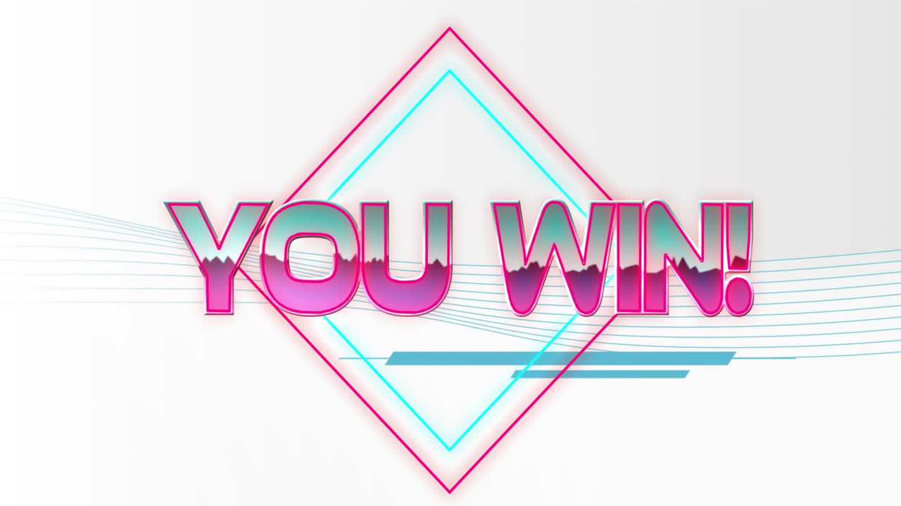 YOU WIN! text pulsing and glitching in glitch design, showing neon diamond outline and blue streaks