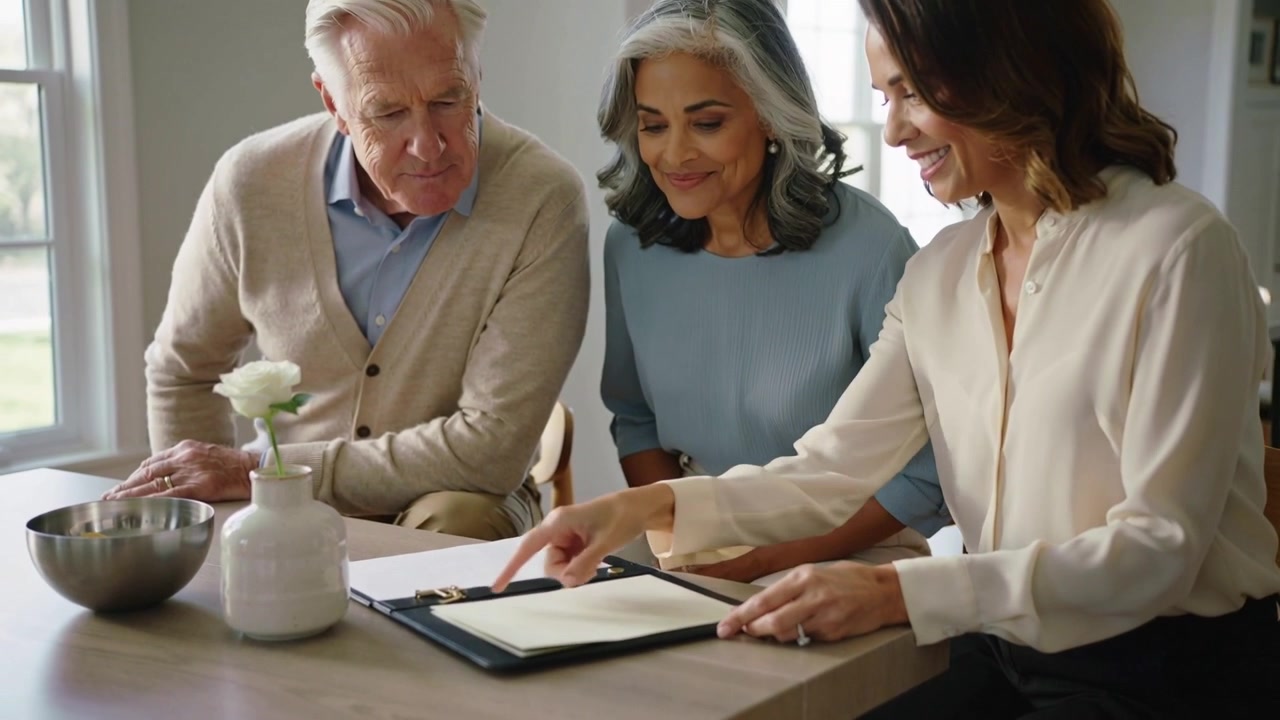 Aprendo il portfolio, una donna guida i genitori tra i documenti al tavolo da pranzo per l'assistenza familiare, con un fiore