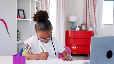 young girl wearing glasses sitting at desk in bedroom and drawing