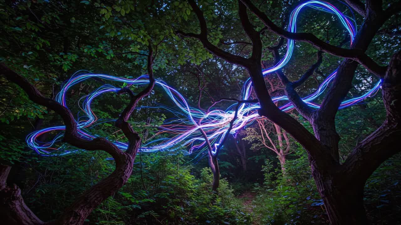 Förtrollande ljusspår genom en tät skog, som lyser upp slingrande grenar och frodig grönska, och fångar naturens och rörelsens magi i en fantastisk visuell uppvisning
