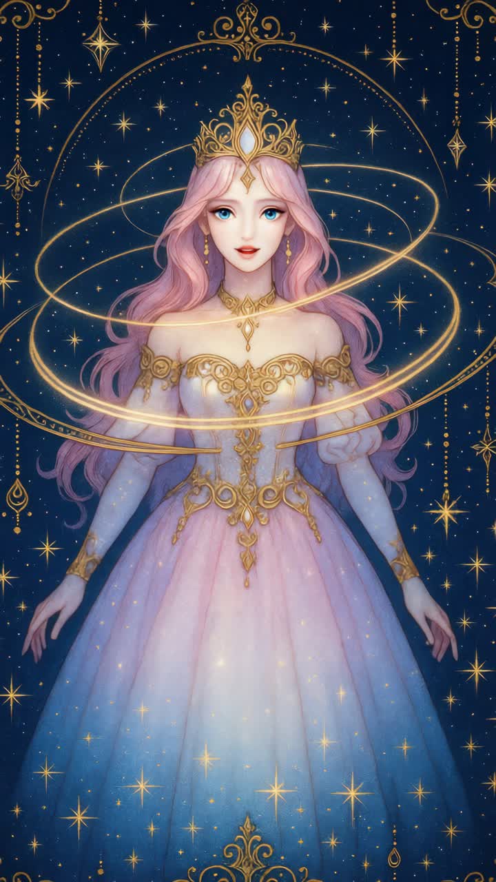 A celestial princess in a flowing gown with golden accents, surrounded by stars